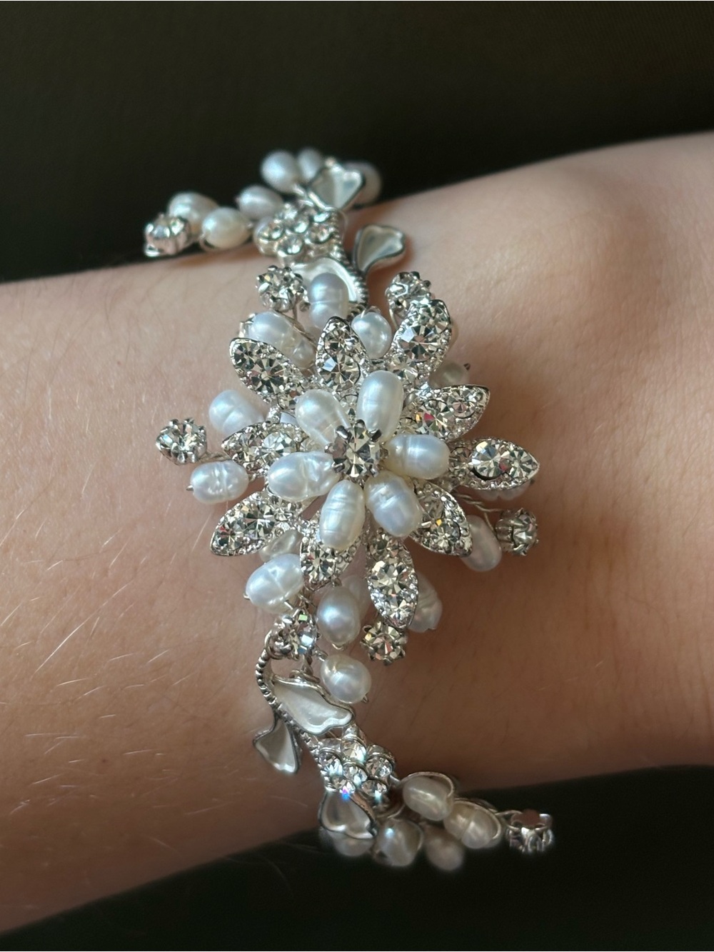 Delicate Pearl and Crystal Floral Wire Bracelet